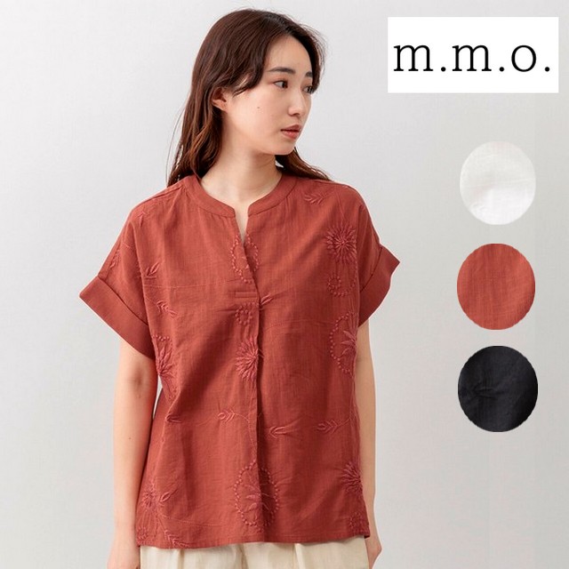 m.m.o 綿スラブ大柄刺繍スキッパーブラウス