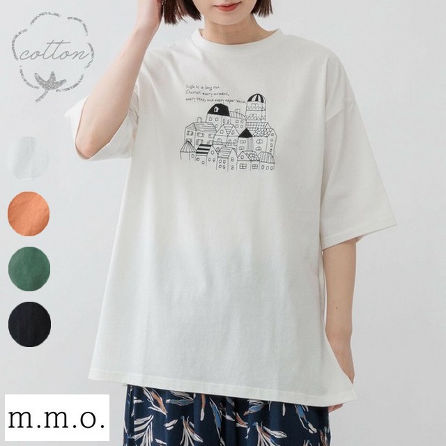 m.m.o 街並みイラスト刺しゅう５分袖チュニックｔシャツ