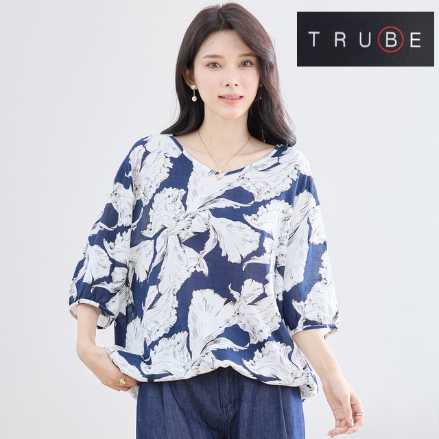 trube フラワー柄ドローストリングコットンシャツ