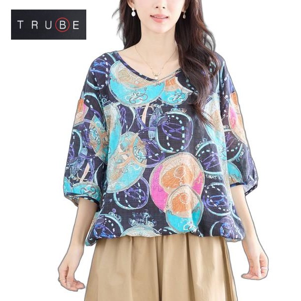 trube アートサークルプリントドローストリングブラウス