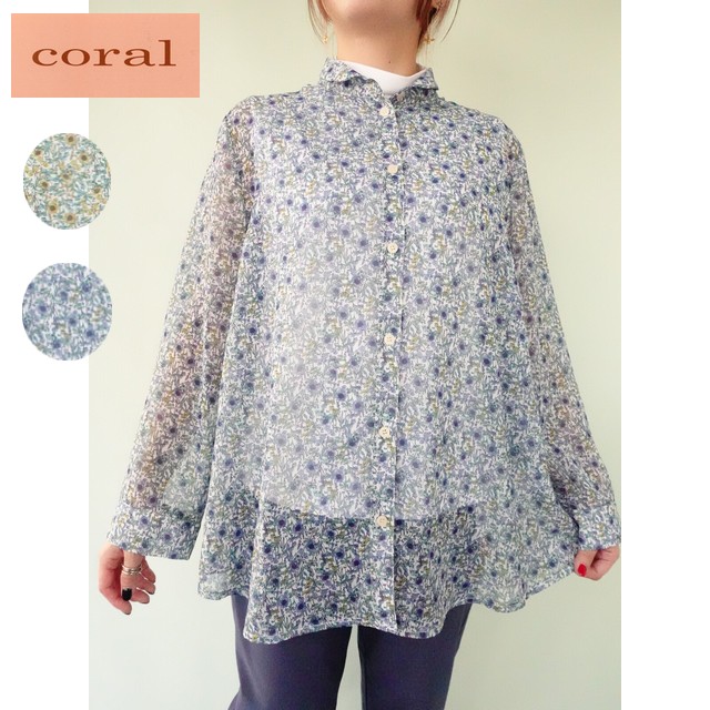 coral 小花プリントシフォンブラウス