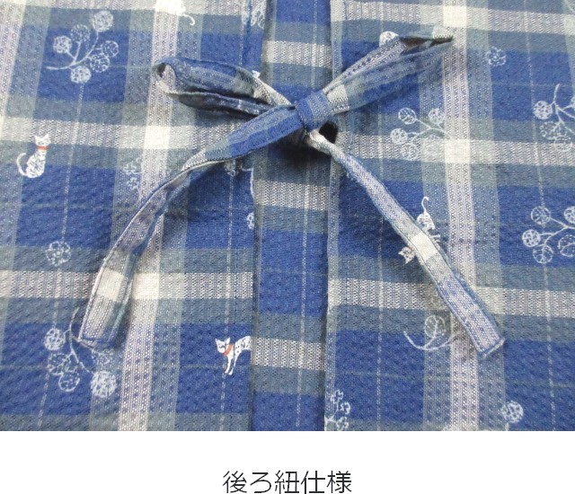 チェック柄ネコプリント後ろ紐しじらエプロン その8