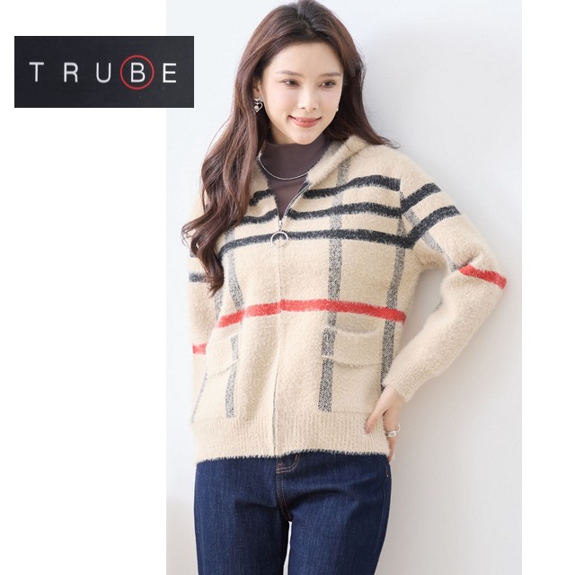 trube チェック柄シャギーニットフード付きジャケット