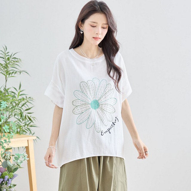 trube フラワーモチーフメッシュスリーブTシャツ その2