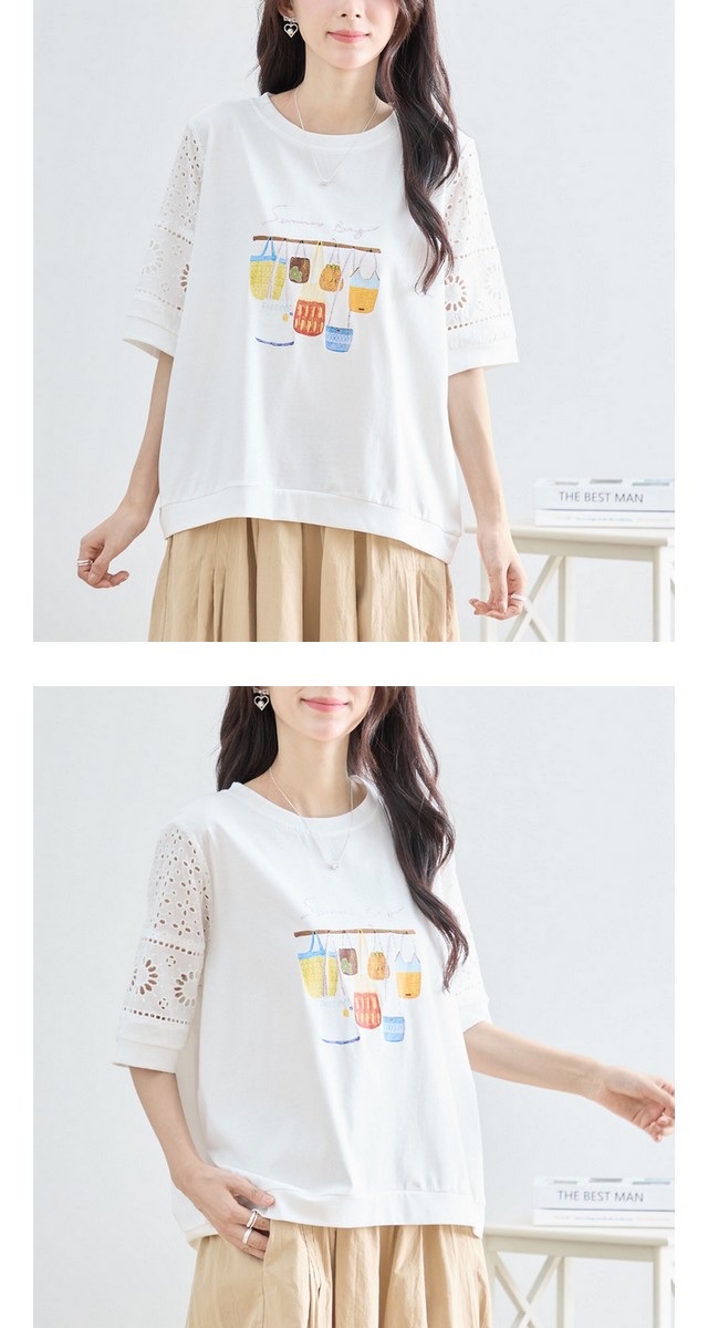 trube 刺しゅうレース袖バッグ柄プリントTシャツ その3