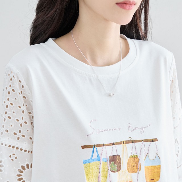 trube 刺しゅうレース袖バッグ柄プリントTシャツ その4