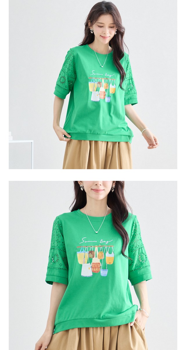 trube 刺しゅうレース袖バッグ柄プリントTシャツ その8