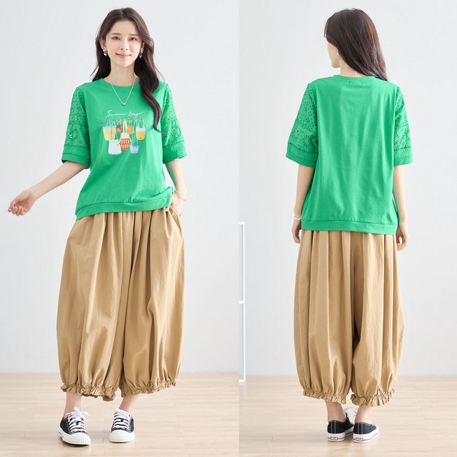trube 刺しゅうレース袖バッグ柄プリントTシャツ その9