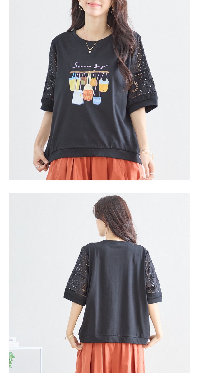 trube 刺しゅうレース袖バッグ柄プリントTシャツ その11