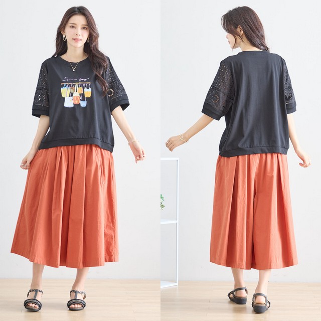 trube 刺しゅうレース袖バッグ柄プリントTシャツ その12